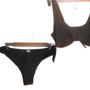 Bikini Solid Black 2 Piece Knot Front Women Teens Swimsuit Size M